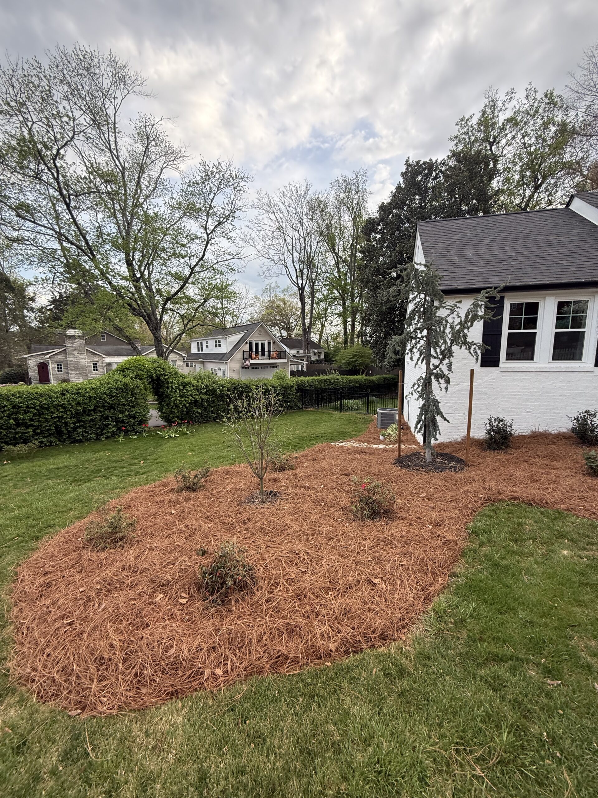 Front yard garden bed with small shrubs and mulch next to a white house, bordered by green grass, with trees and houses visible in the background under a partly cloudy sky.